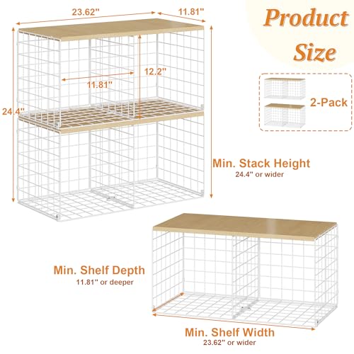 Stackable Closet Organizers with Wood Top - 2 Pack, Space-Saving Shelf Bins
