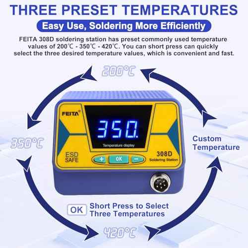 FEITA 308D Soldering Station, Upgraded, 80 Watt Equivalent with 3 Preset Temp, Digital, Auto Sleep, Calibration Support Function, Solder Tips, Lead-free Solder & Cleaning Kit