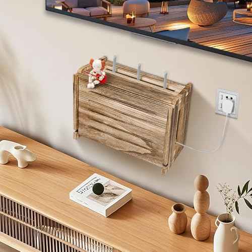 Wooden Router Shelf Wall Mount WiFi Router Storage Box Modem Cable Router Cover Organized Power Strip Cable Management Hider Rack 14.9 * 9.8 * 5.6 in (L* H * W)
