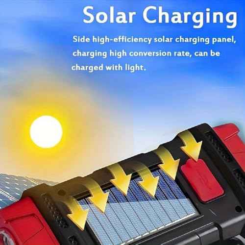 High Lumens Solar Flashlight - LED Work Light with USB-C Rechargeable, Waterproof, Multi-Function Flashlight & Lantern for Camping, Emergencies, and Outdoor(RED)