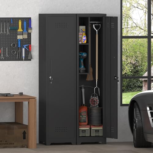IRONFFICE Narrow Black Metal Utility Closet with Hanging Rod, 64.96 in Tall