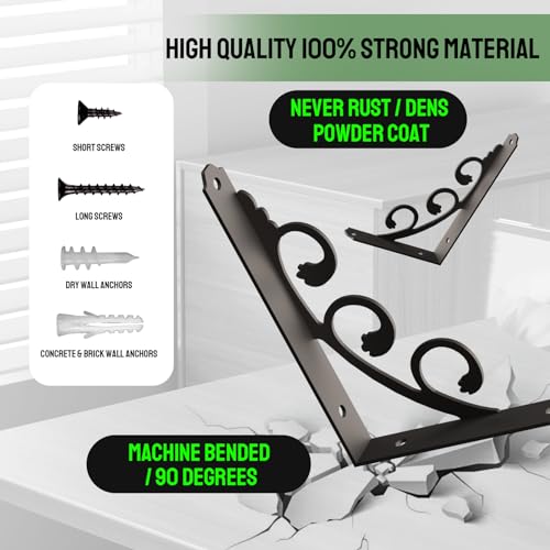IARTOPS 7.75-inch Heavy Duty Metal L Shelf Brackets for 8-10 Inch Boards, 6 Pack, Black, Rustic Wall Mount DIY Shelving