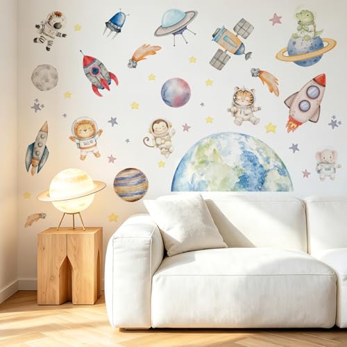 Space Animal Wall Decals for Kids Bedroom - 39x12 Inch Peel & Stick Decor