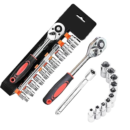 1/4" Ratchet Socket Wrench Set,12 Pieces Drive Sockets Set with Quick Released Ratchet Handles and Extension Bar