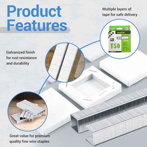 meite Staples for Staple Gun, 3/8 Inch Length Heavy Duty T50 Staples, Galvanized, 20 Gauge 3/8 Inch Crown, Compatible with T50 Staple Gun, Ideal for Upholstery, Construction, Furniture (1,512 Counts)
