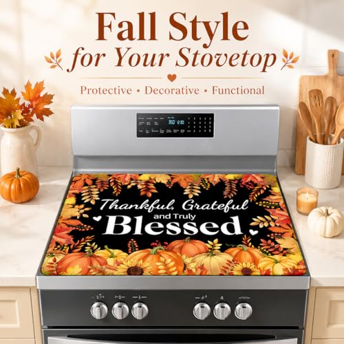 Thankful Grateful And Truly Blessed Stove Top Cover 28x20 Inch | Fall Heat-Resistant Glass & Silicone Protector