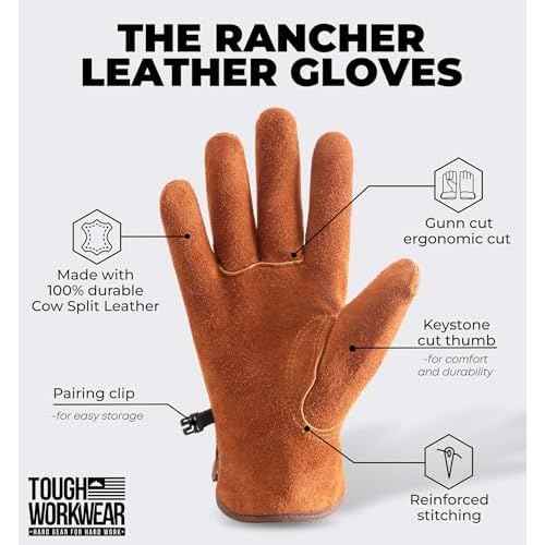 Tough Workwear Leather Work Gloves - Cow Split Leather Gardening & Construction Gloves - Brown
