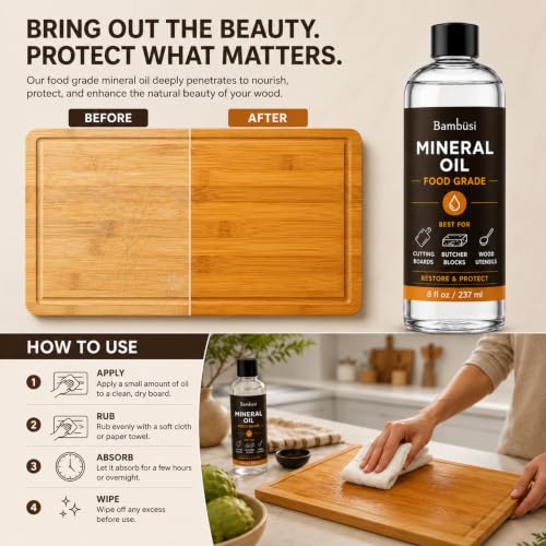 Bambüsi Food Grade Mineral Oil for Wood Cutting Boards - 7.3"L x 1.8"W, 8oz