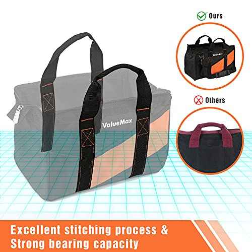 ValueMax 16-Inch Wide Mouth Tool Bag, Tool Organizer Tote Bag with Shoulder Strap, Heavy-duty Tool Storage Bag with 13 Pockets for HVAC, Plumber, Mechanic