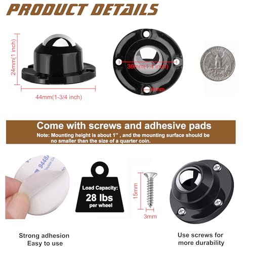 PlusRoc 4 Pack 1-Inch Self-Adhesive Furniture Casters with Steel Ball - Model Steel Ball / 4.0