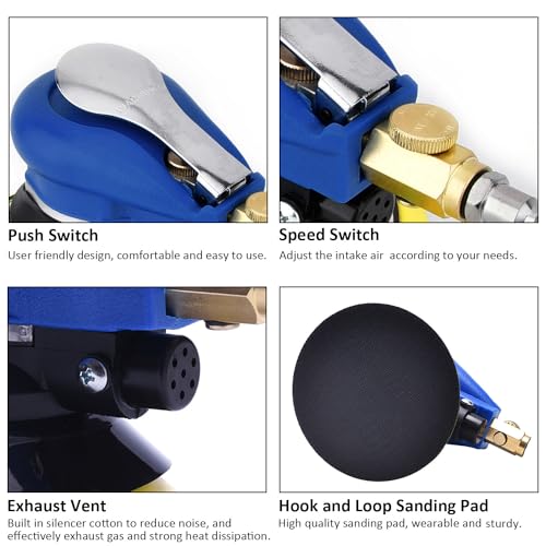 ZHONG AN 5-Inch Dual Action Air Orbital Sander with Hook & Loop, Blue - Professional Pneumatic Polisher for Auto & Woodwork