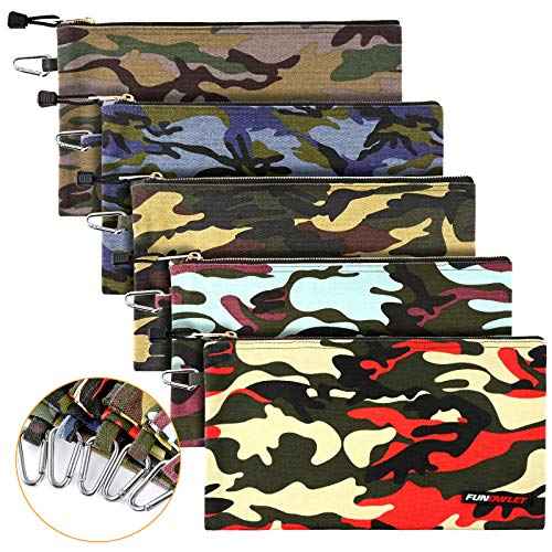 FunOwlet Canvas Tool Pouch Zipper Bag - 5 Pack Heavy Duty Utility Camo Bags with Carabiner, Multi-Purpose Storage Organizer Clip on Tote Pouches 12.5 x 7-Inch