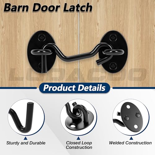 LUDACOO 3-inch Black Hook and Eye Gate Latch for Doors, Windows, Fences, and Sheds – Heavy Duty Barn Door Lock, 1 Pack