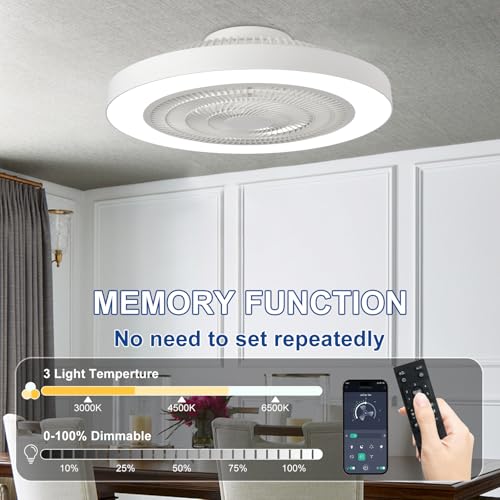 Depuley 19-Inch White Bladeless Ceiling Fan with Light, Remote & App Control