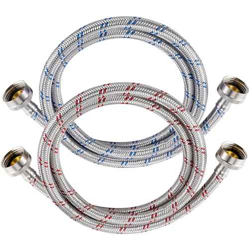 4 Ft Washing Machine Hoses, 2 Packs Premium Stainless Steel Washer Hoses Burst Proof, Hot and Cold Striped Water Supply Hoses with 3/4'' Standard Interface fit for ALL Washer