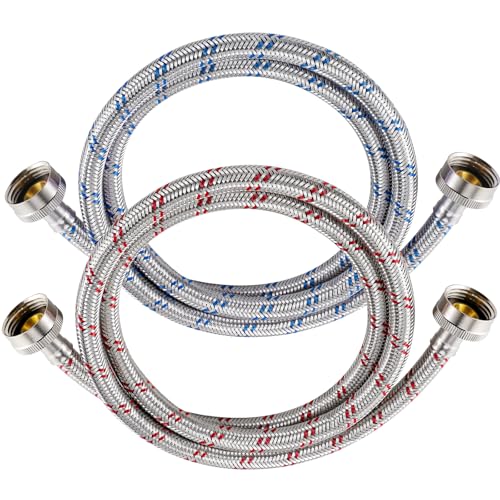 4 Ft Stainless Steel Washing Machine Hoses 2-Pack - Burst Proof Hot & Cold Water Supply, 3/4'' Standard Fit