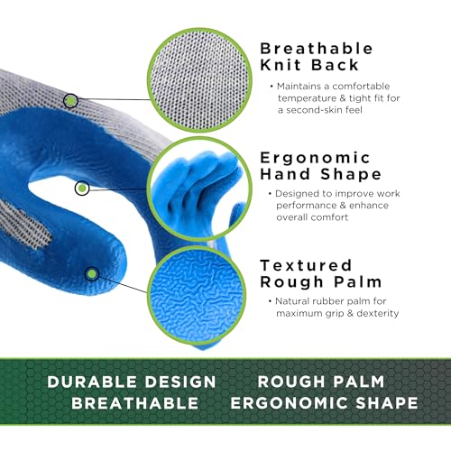 SHOWA Atlas 300 Natural Latex Palm Coated General Purpose Work Glove with Poly/Cotton Liner, 10-Gauge, Blue, Large (1 Pair)