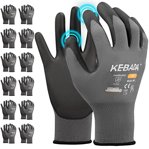 Kebada W1 Safety Work Gloves 12 Pairs - Touchscreen, PU Coated, Large Light Grey