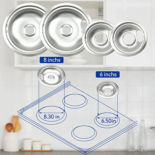 Mejiao 4 Pack 6" & 8" Electric Stove Burner Drip Pans - Chrome Replacement for Whirlpool W10278125 W10196405/06 (Drip Pan New Variant)