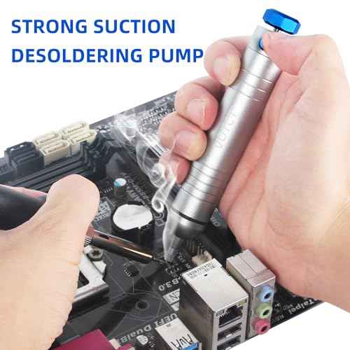 Solder Sucker No Clog Desoldering Pump for Solder Removing with Replaceable Heat Resistan Silicone Sucking Nozzle, Desoldering Tool Sodering Pump Strong Vacuum Aluminum Suction Remover
