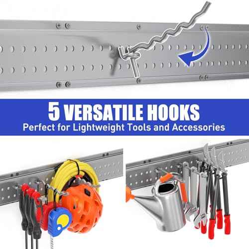 Garage Tool Organizer Wall Mount 48 inches with 10 Adjustable Heavy-Duty Hooks, Garage Organization, Garden Tool Storage Rack, Yard, and Shed, Holds Up to 400 lbs (Grey)