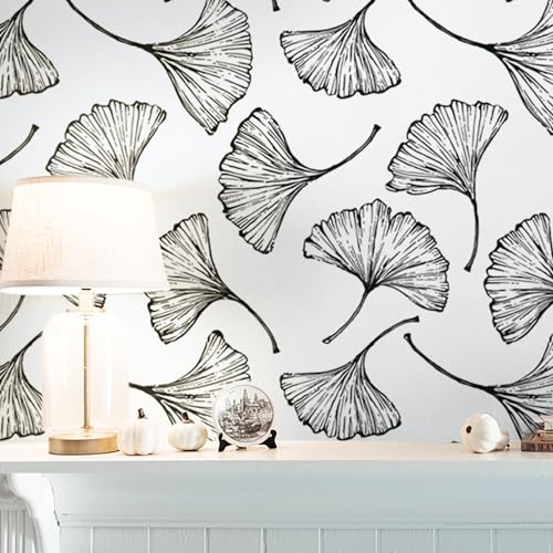 CiCiwind Black and White Peel and Stick Wallpaper Removable Self-Adhesive Wall Paper for Bedroom Bathroom Ginkgo Leaves Contact Paper Modern for Living Room 17.3In¡¿118In