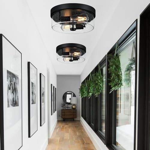 Matte Black Farmhouse 2-Light Flush Mount Ceiling Light Fixture with Seeded Glass Shade
