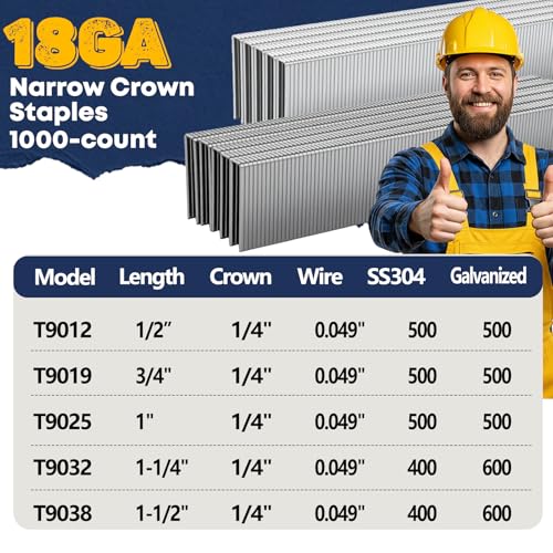 NordJoyT 1/2 Inch Length 18 Gauge Narrow Crown Staples - 1000 Pack
