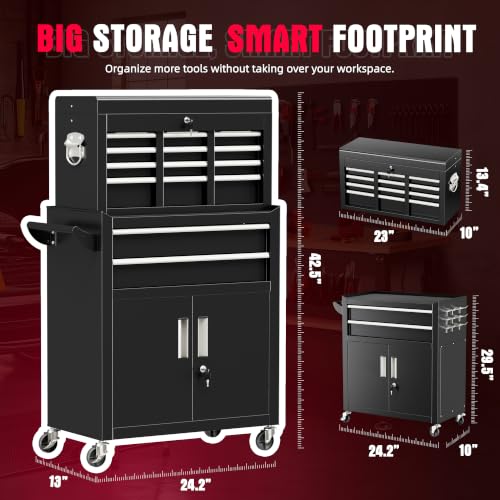 Bonusall Rolling Tool Chest with 8 Drawers, 2 Doors, Detachable 2-in-1 Work Bench, Black - Mobile Cabinet