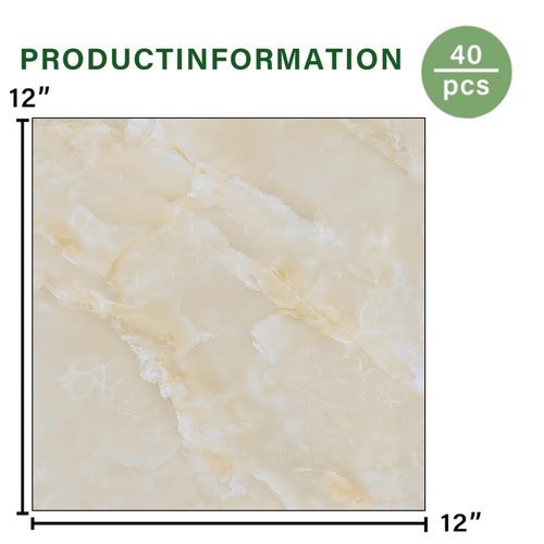 ZRJT 40-Pack 40 Sq.Ft Peel and Stick Floor Tiles Vinyl Polish Pattern Flooring, 12” x 12” Self Adhesive Vinyl Flooring DIY for Kitchen, Bathroom, Laundry, Polish Beige Marble