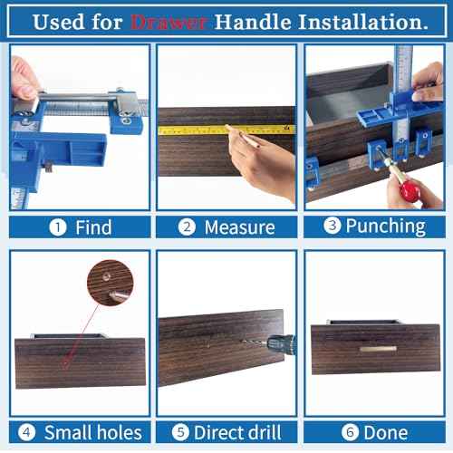 Cabinet Hardware Jig, King&Charles Cabinet Handle Jig + Automatic Hole Punch + Point Drill Bits, Use for Handles Knobs Pulls on Drawers/Doors, Wood Drilling Dowelling Guide Set.