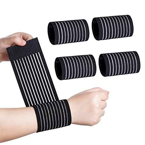 Rbenxia 4 Pieces of Black Elastic Wrist Compression Bandage Adjustable Wrist Strap Hand Brace Wraps Breathable Wristband for Stabilising Ligament, Joint Pain, Sport (40 cm)