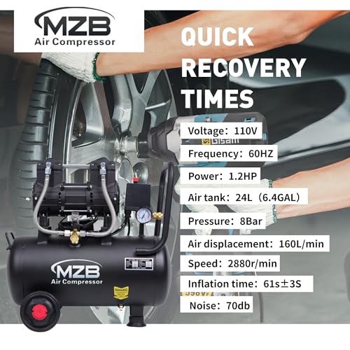 MZB-900H-24 6.4 Gallon Ultra Quiet Oil-Free Air Compressor 110V for Spray Painting