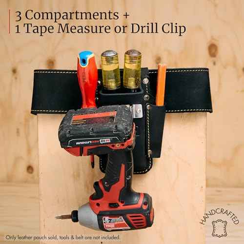 FESA Small Leather Tool Pouch - 4-in-1 Heavy Top Grain Leather Small Tool Pouch with a Steel Tape Measure Clip, 3 Pockets & Reinforced Heavy Duty Rivets - Fits Belts up to 3" - Handcrafted