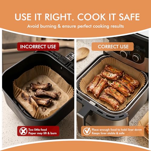 HOTEC 300-Count 8in Square Air Fryer Liners, 5-8 Qt, Unbleached Non-Stick Parchment