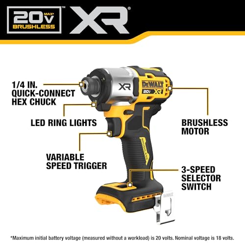 DEWALT 20V MAX XR Impact Driver Bare Tool - High Torque, 3-Speed, LED Light, Model DCF845B