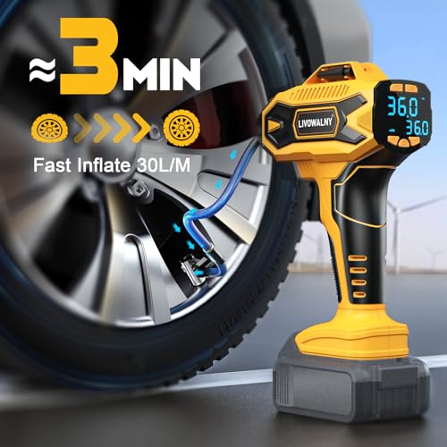 Standing Tire Inflator Air Compressor for Dewalt 20V Batteries - LIVOWALNY 160 PSI Cordless Electric Pump with Digital Pressure Gauge