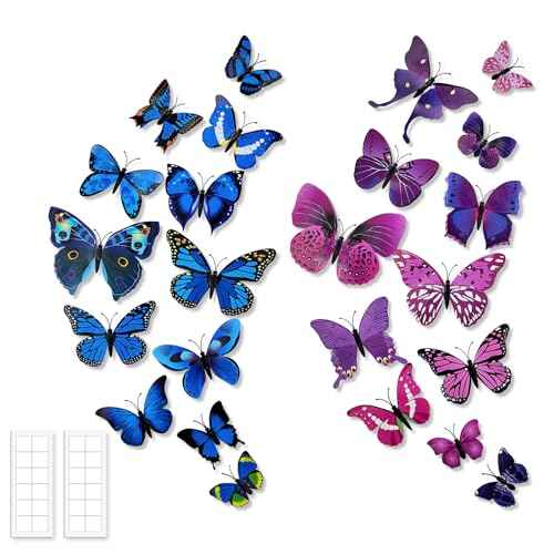 24PCS Butterfly Wall Decor, 3D Butterfly Decorations Wall Art Wall Decals with Magnets & 60PCS Adhesive Tapes 5 Styles Butterfly for Party Refrigerator Window Garden (Magnet Blue+Purple)