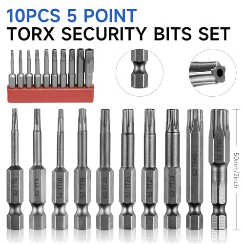 5 Point Security Torx Bit Set 10pcs Star Bits Set Screwdriver Magnetic S2 Alloy Steel With 1/4" Hex Shank TT8-TT45(50mm)