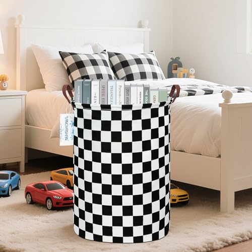 LANGYASHAN Round Collapsible Laundry Basket Hamper - Boys Nursery Racing Flag, 19.7" x 15.7"