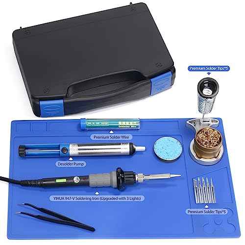 YIHUA 947-V Soldering Iron Kit with 3 LED Lights, Temperature Control, 5 Premium Solder Tips, Desoldering Pump, Indicator & ON/OFF Switch-60 Watts Soldering Iron, Solder Wire, Tip Cleaner, and more.