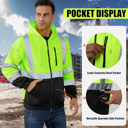 HYCOPROT High Visibility Safety Hoodie Hi Vis Safety Sweatshirts Fleece Reflective Work Jacket for Men Women ANSI Class 3
