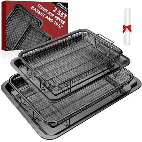 Air Fryer Basket, 2 Set Oven Air Fryer Basket and Tray with 60 PCS Parchment Papers, DEGOVIN Crisper Tray Non-stick Stainless Steel Air Fry Pans for Convection Oven(15.8" ¡¿ 11" & 13" ¡¿ 9.7"-Black)