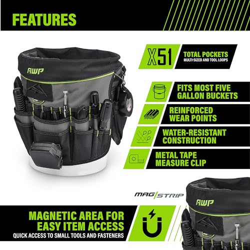 AWP 51-Pocket Bucket Tool Organizer for Easy Tool Access, Fits Most 5-Gallon Buckets, Water-Resistant Construction