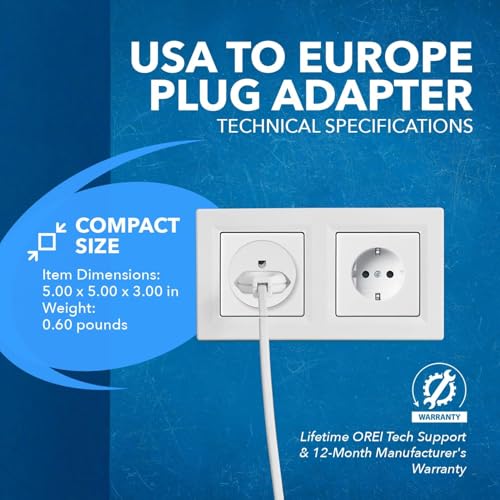 OREI 6 Pack USA to Europe Plug Adapter, Type E/F Schuko, Germany, France