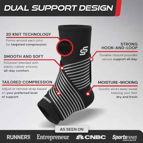 Sleeve Stars Ankle Brace for Women & Men, Ankle Wrap for Sprain, Compression Sleeve for Plantar Fasciitis Relief, Easy Customizable Support: w/ Removable Strap (Single/M:10"-12"/Black)