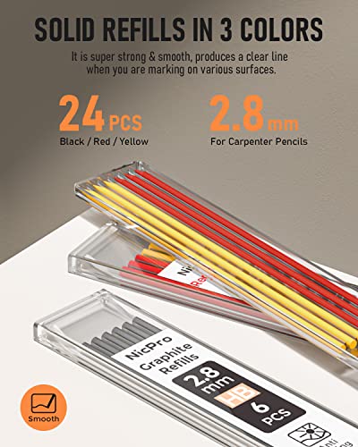 Nicpro 2-Pack Mechanical Carpenter Pencils with Deep Hole Tip, Sharpener & Refills - Black & Red Construction Marking Tools