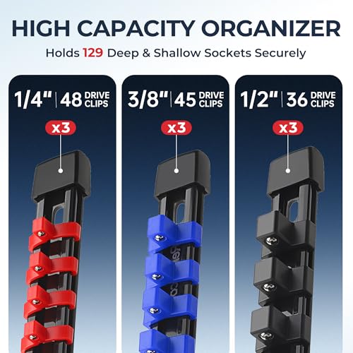 Reniteco 9-Pack Socket Organizer Set with Color-Coded Clips, 1/4" Drive - Blue, Red, Black