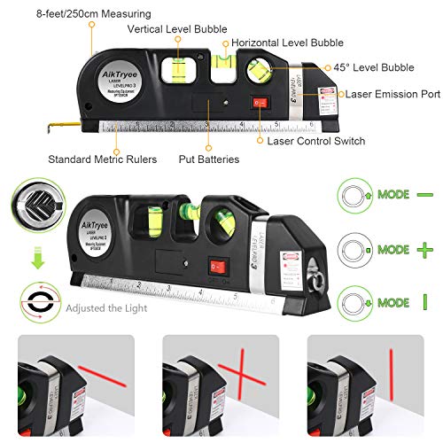AikTryee Red Laser Line Level Kit with Cross & Horizontal Lines, 8ft Ruler for Wall Hanging & Tile