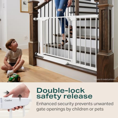 Cumbor 30-46 Inch White Baby & Pet Gate with Auto-Close & Double Lock, Adjustable Walk-Through Safety Gate for Stairs & Doorways